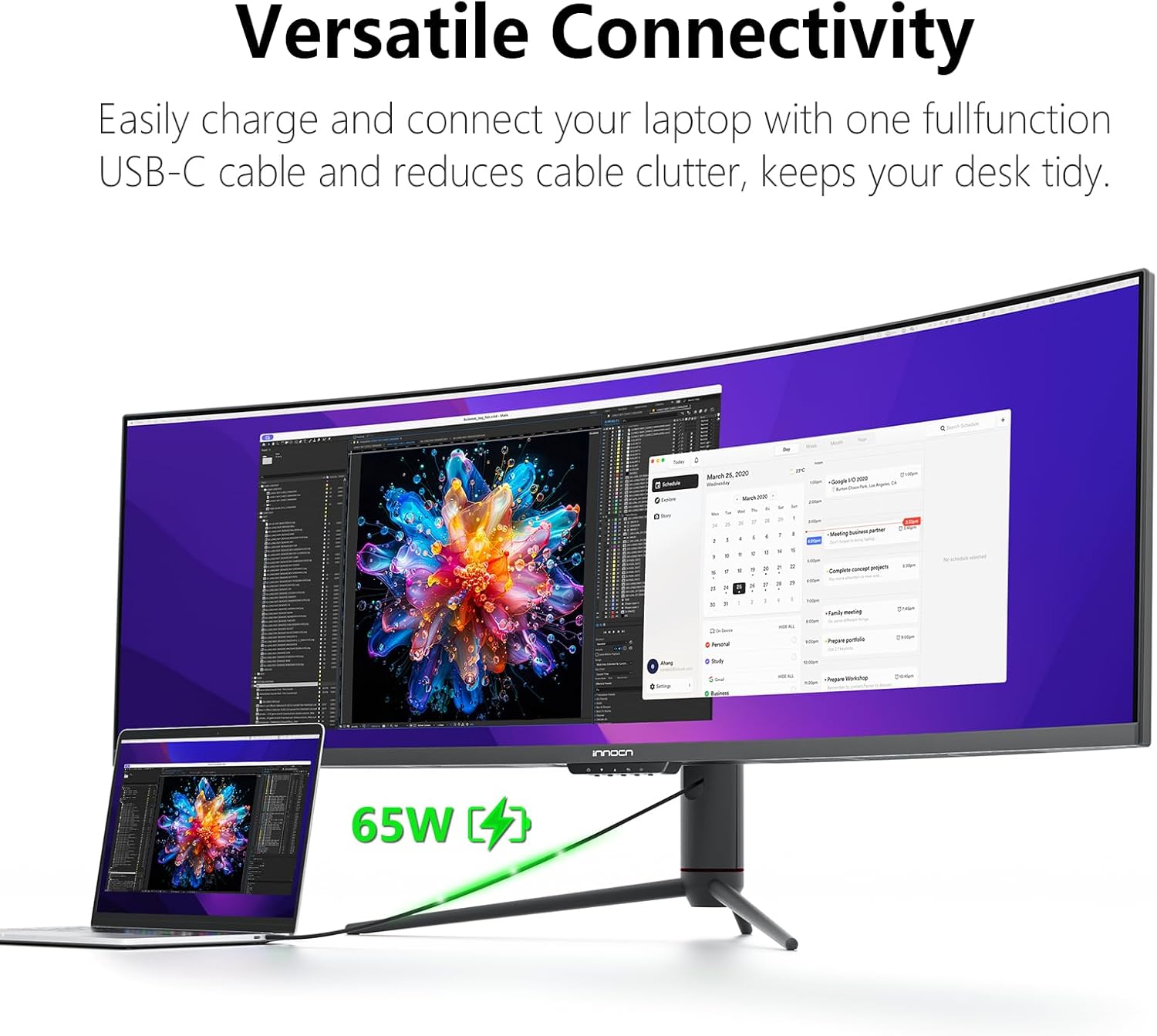INNOCN 49 Curved Gaming Monitor 144Hz Ultrawide 32:9 WDFHD 3840 x 1080P  R1800  99% sRGB  HDR400  USB Type C  DisplayPort  HDMI  Built-in Speakers  Height/Tilt Adjustable - 49C1G
