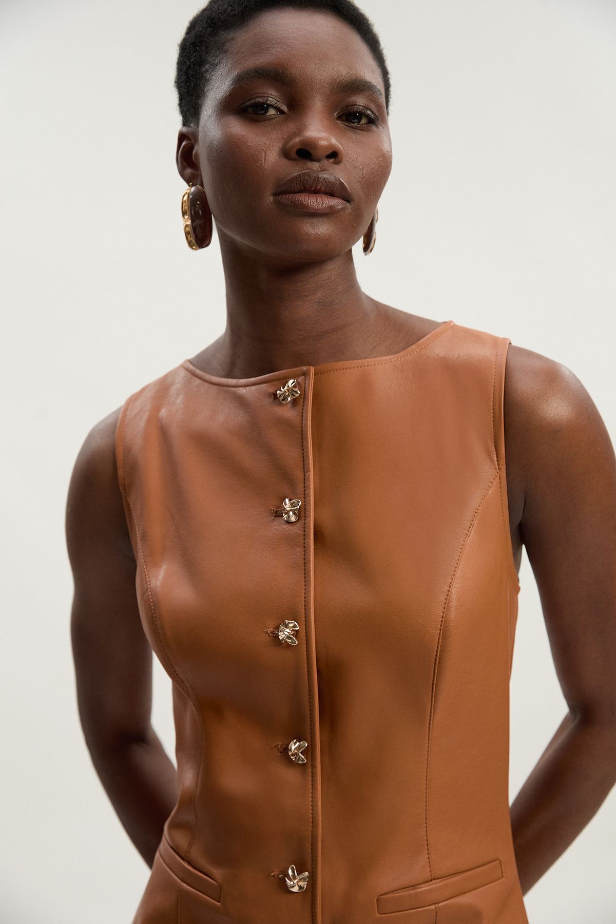 KarenMillen Petite Faux Leather Button Detail Midi Pencil Dress