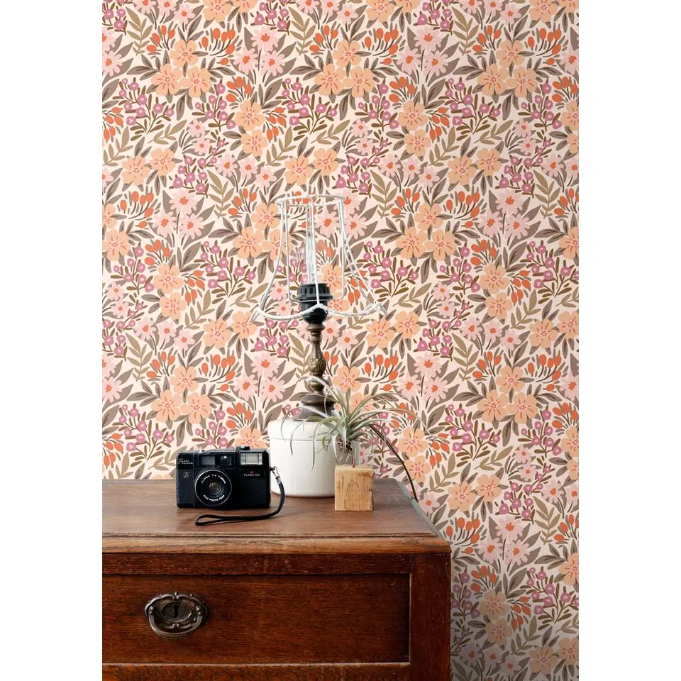 ESTAhome behang bloemen vergrijsd groen, roze en paars - 50 x 900 cm