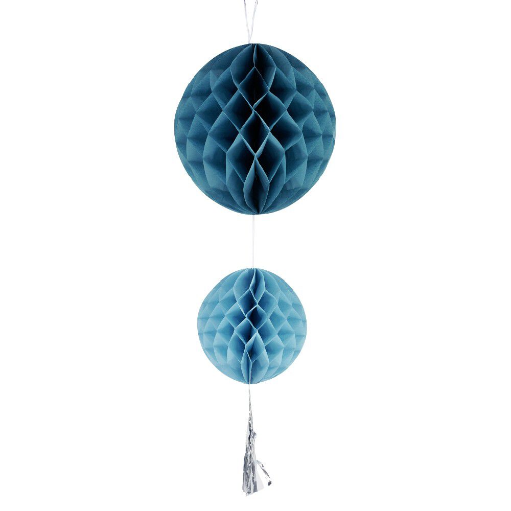 Suspension 2 boules en papier bleu et son pompon