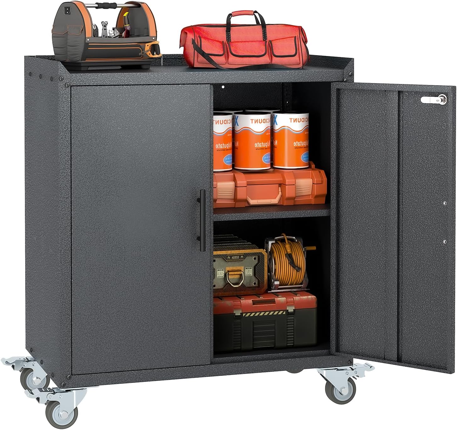 Metal Garage Storage Cabinet with Wheels, Tall Locking Cabinet with Doors and Shelves, Tool Storage Cabinets for Garage, Home Office (Black,35.6 H)