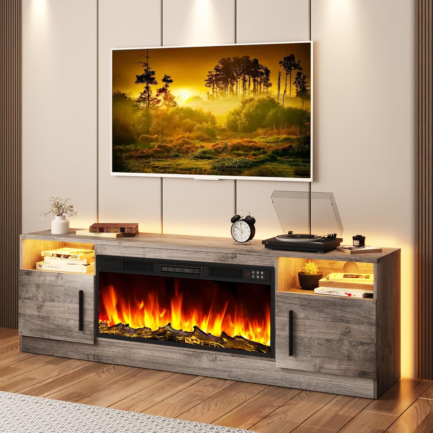 Tavata Fireplace TV Stand Entertainment Center with 36 Fireplace, 70 Wooden TV Console for TVs Up to 80, Modern TV Stands for Living Room with High Gloss Storage Cabinet and LED Lights (Grey)