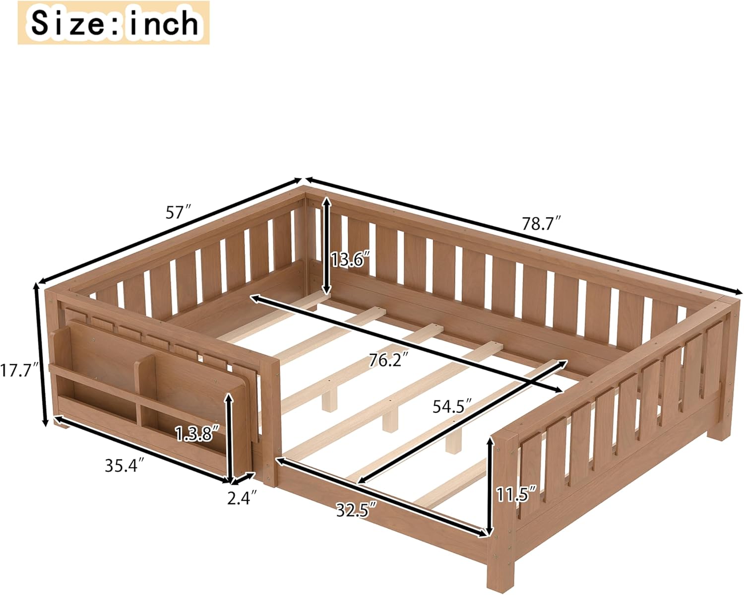 Bellemave Full Size Floor Bed with Slats and Safety Guardrail, Full Size Montessori Floor Bed with Fence and Built-in Bookshelf, Easy Assemble Montessori Beds for Kids, Girls, Boys, Natural