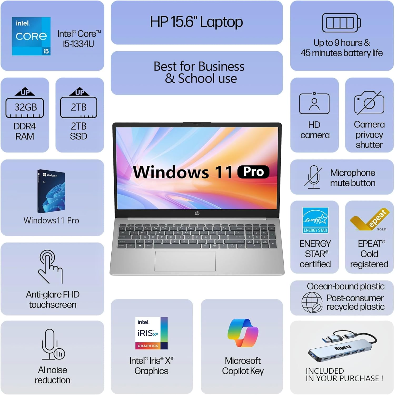 HP 15.6 FHD Touch Laptop  Intel i5  16GB RAM  512GB SSD  Windows 11 Pro  Wi-Fi 6  Flagship Business Laptop Bundle with Docking Station – Natural Silver