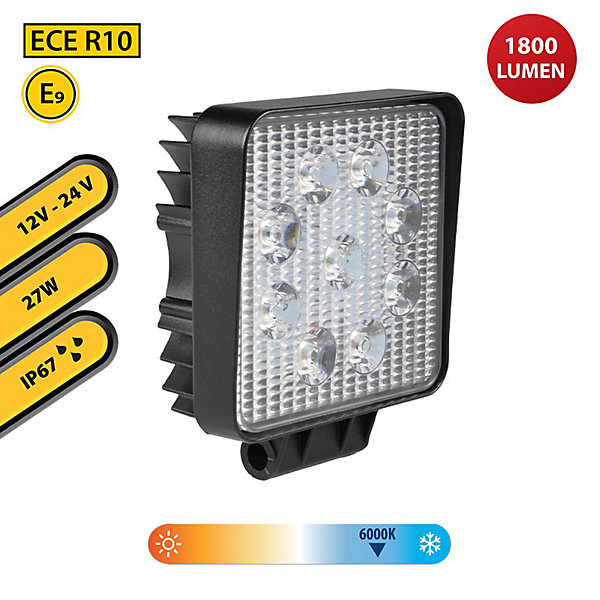 Lampe de travail carrée 12/24 V, 27 W et 1 800 lumens, IP67. Noir