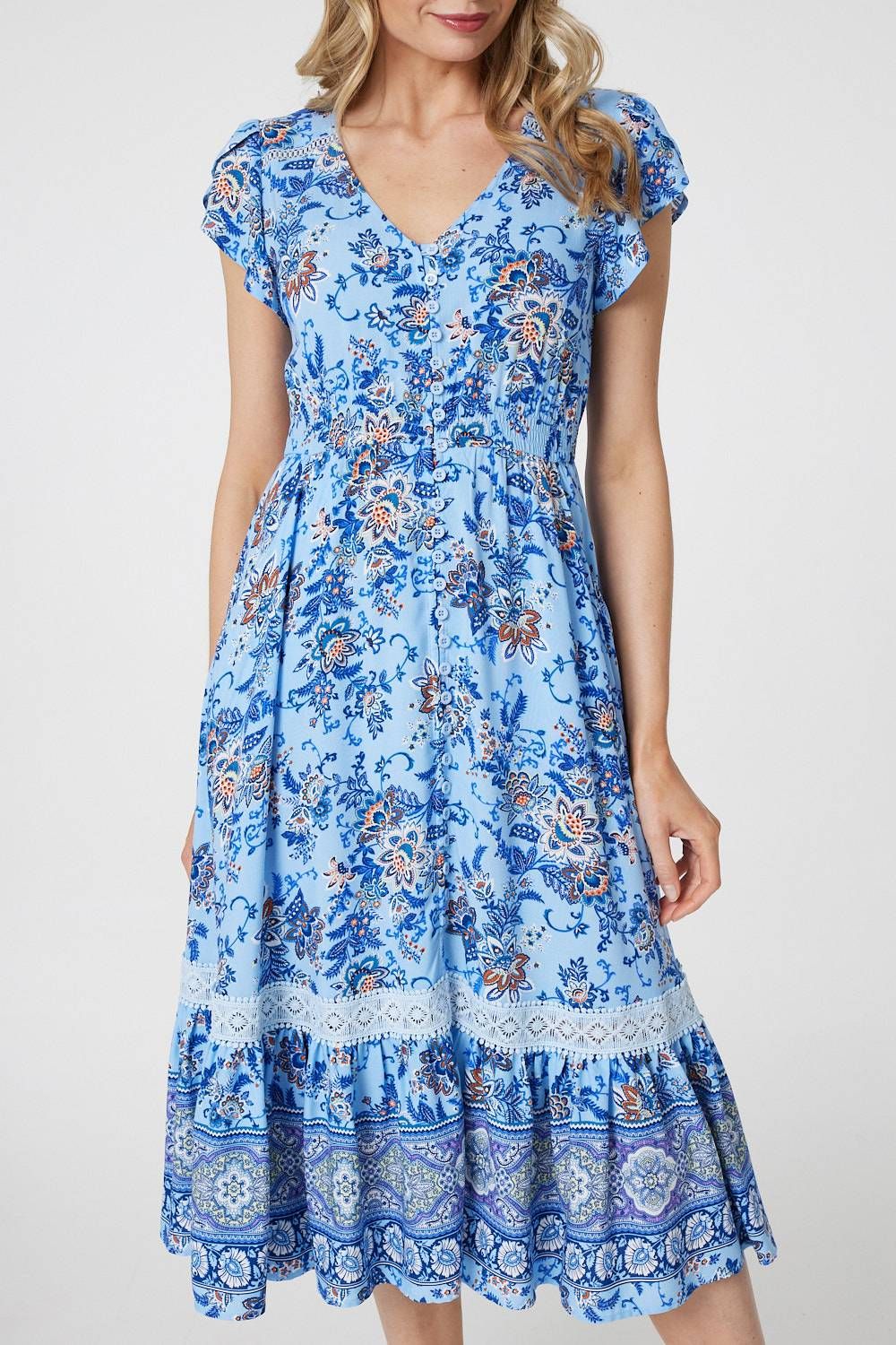 Izabel London Floral Cap Sleeve Lace Trim Midi Dress