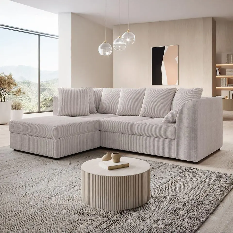 Meubella - Hoekbank Alfort - Beige - Ribstof - Links