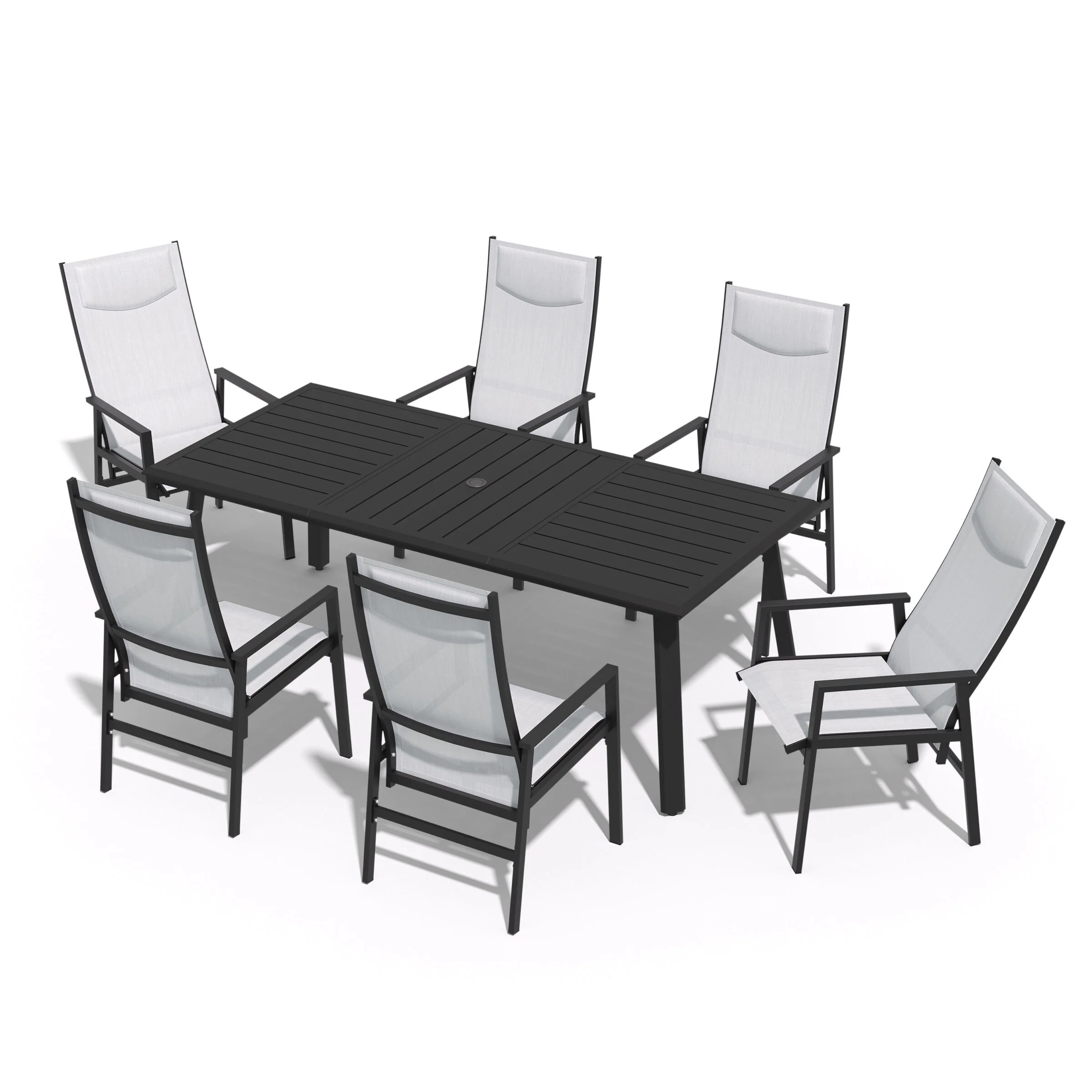 7/9 Piece Dining Set Aluminum Dining Table with Umbrella Hole and Folding Pneumatic Angle Adjustable Back Chairs