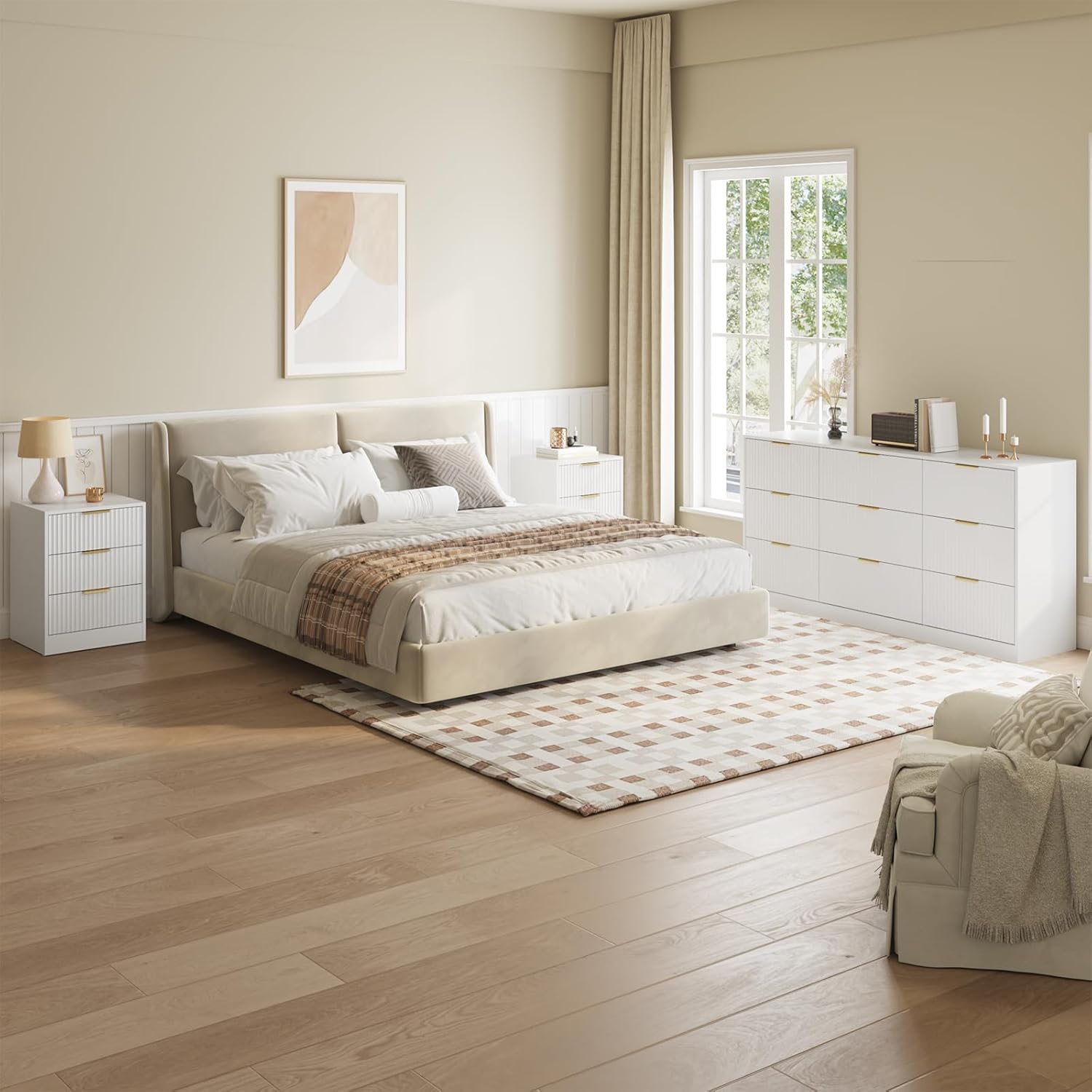 9 Drawer Fluted Dresser & Nightstand Set 3-Piece, 63” Long Dresser and Night Stand Set of 2, Fluted Modern Wood Chest of Drawers Storage Dressers Set for Bedroom, White