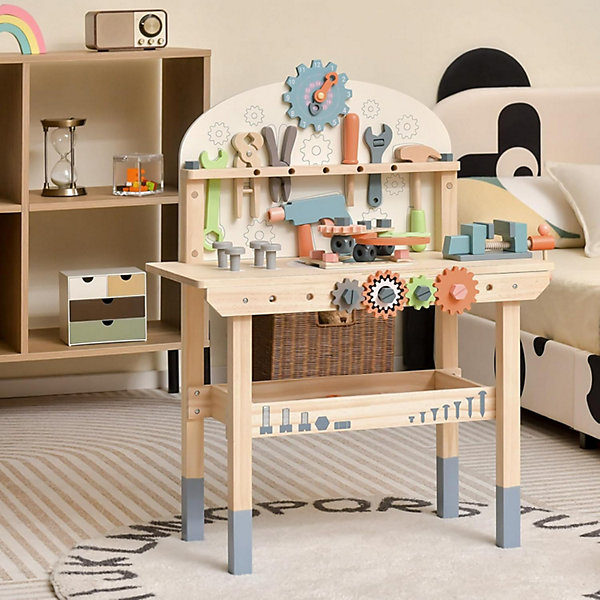 Jouet d'établi pour Enfants, Jeu d'Imitation avec 53 Pièces Accessoires Multicolore, établi de Bricolage en Bois