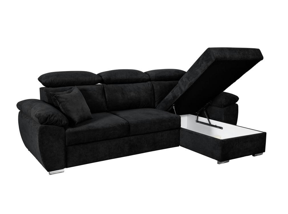 KOMO - Canapé d'angle réversible, convertible, coffre, têtières - Noir