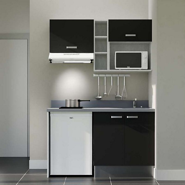 Kitchenette K13 - 140 cm - façades Noir - Plan monobloc en quartz coloris Cromo évier à droite - Electroménager Blanc