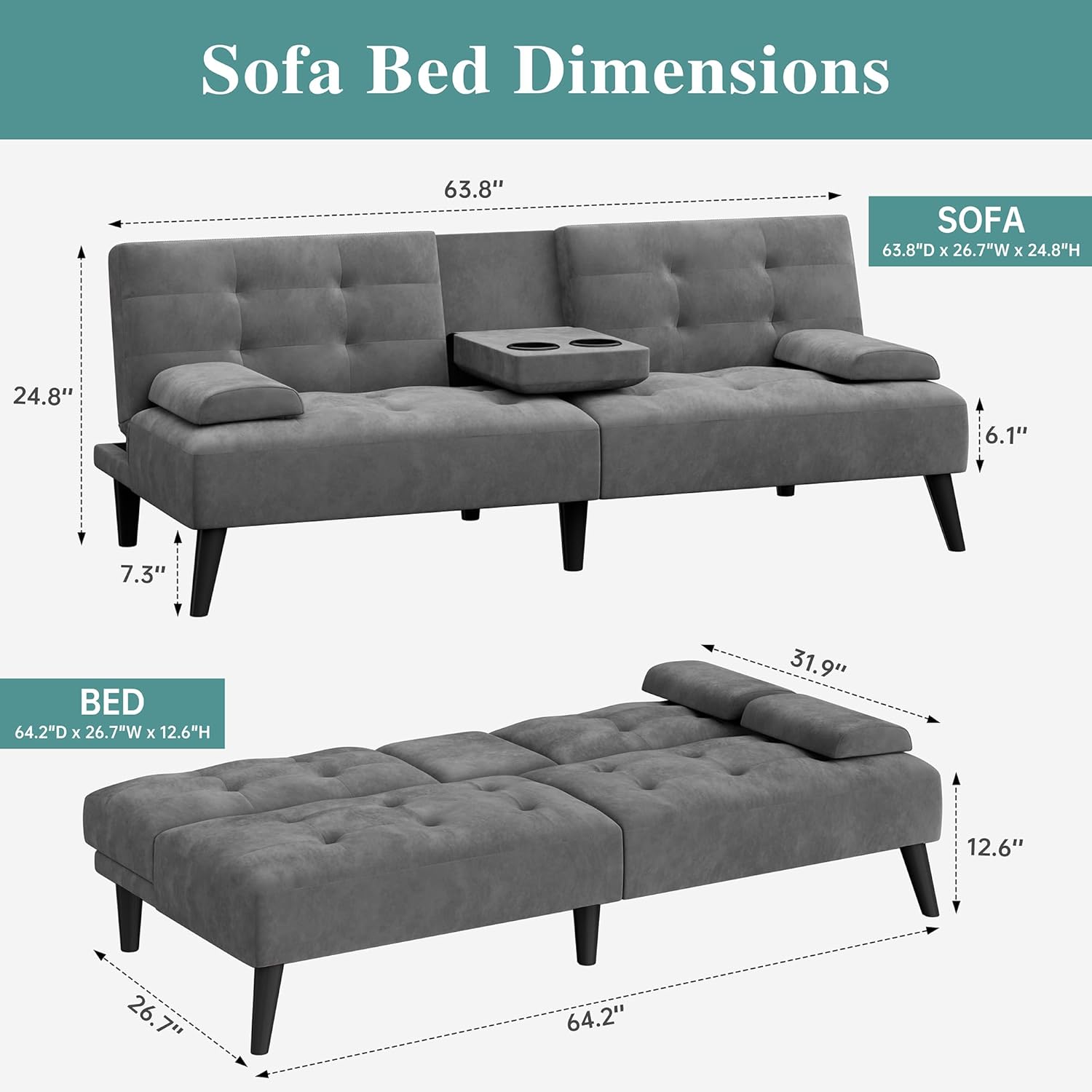 Meilocar 64 Futon Sofa Bed, Convertible Loveseat with 2 Cup Holders, Small Couch with 3 Adjustable Angles & Armrests, Sleeper Sofa for Small Apartment, Office, Dark Grey | small couch