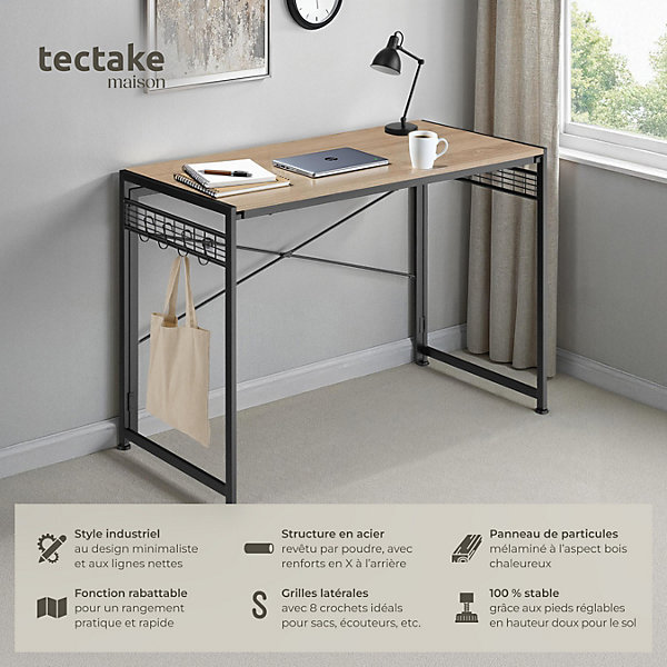 Bureau Style industriel Pliable avec surfaces grillagées latérales et 8 crochets