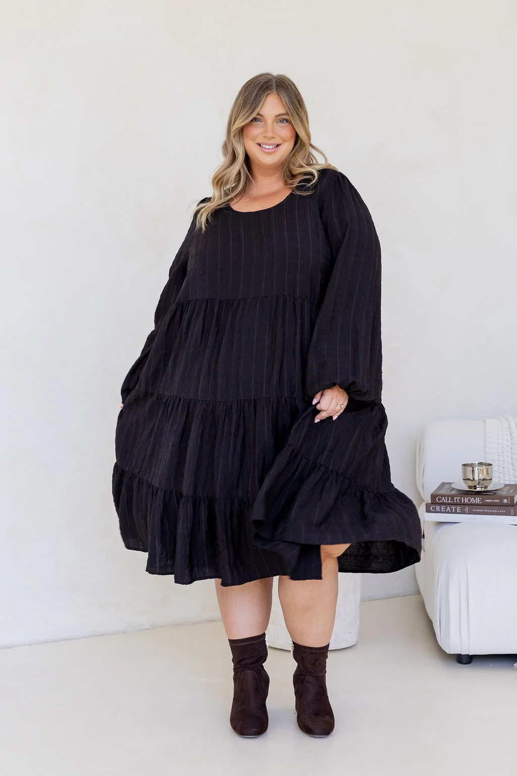 Long Sleeve Greta Midi Dress in Black