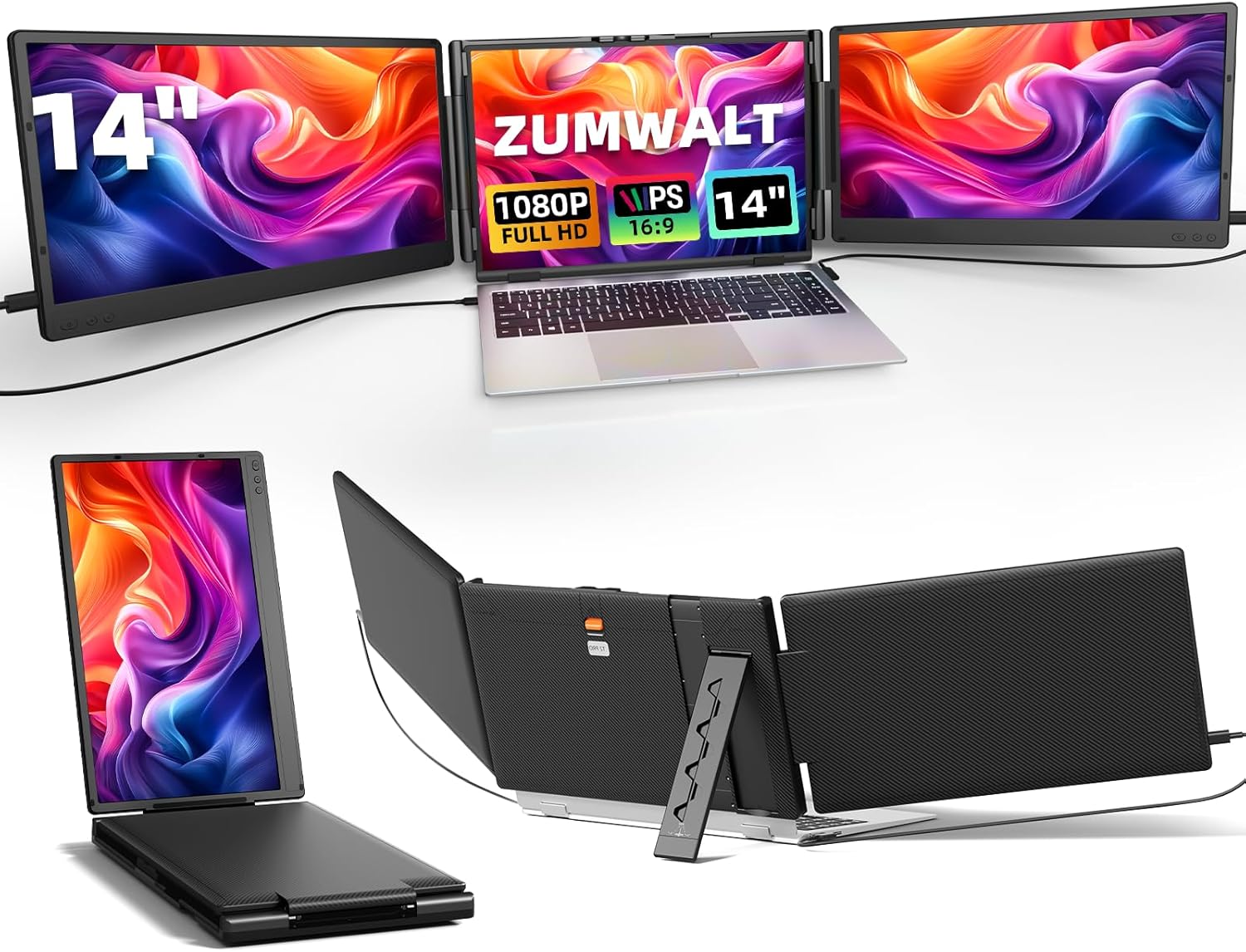 ZUMWALT Laptop Screen Extender  14 Triple Portable Monitor for Laptop  1080P FHD Screen Extender Monitors for 13-16.5  Monitor Extender for MacOS/Windows/Chrome (Built-in Speakers)