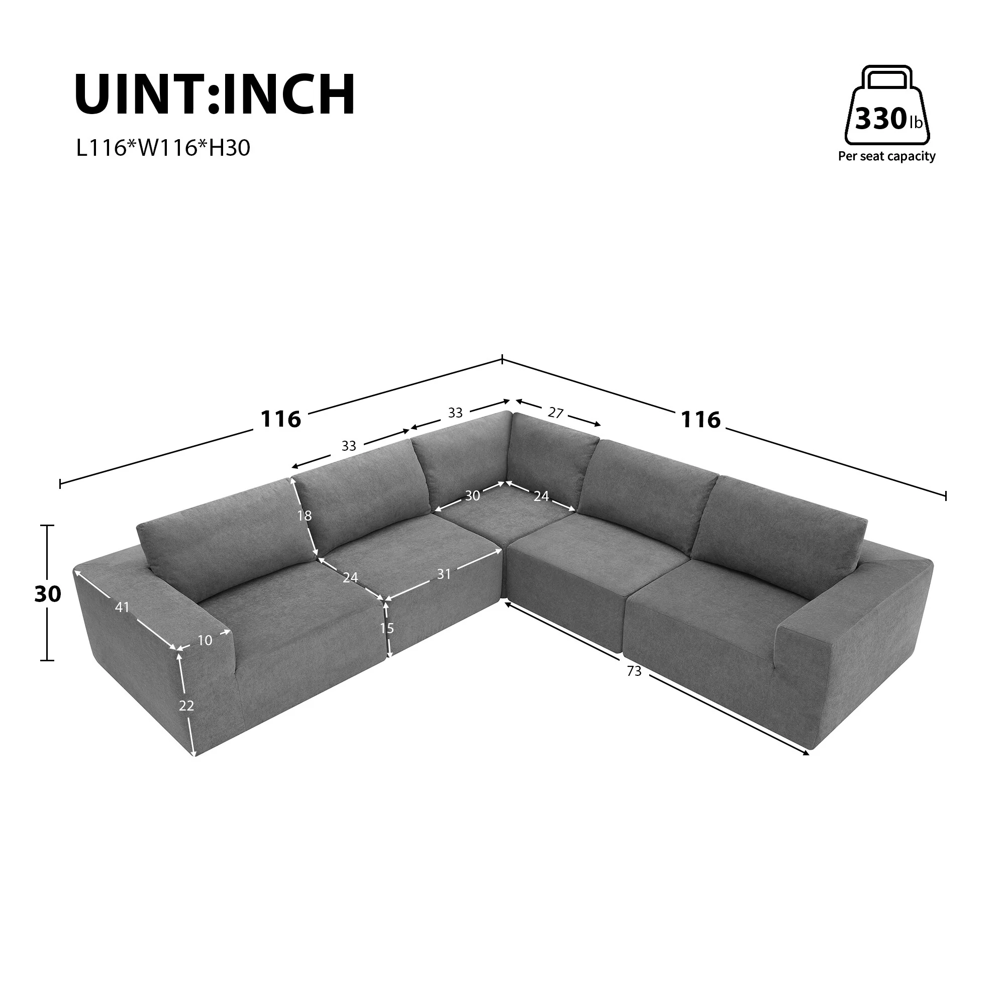 116 Modular L-Shaped 5-Seater Sofa with Terrycloth Upholstery