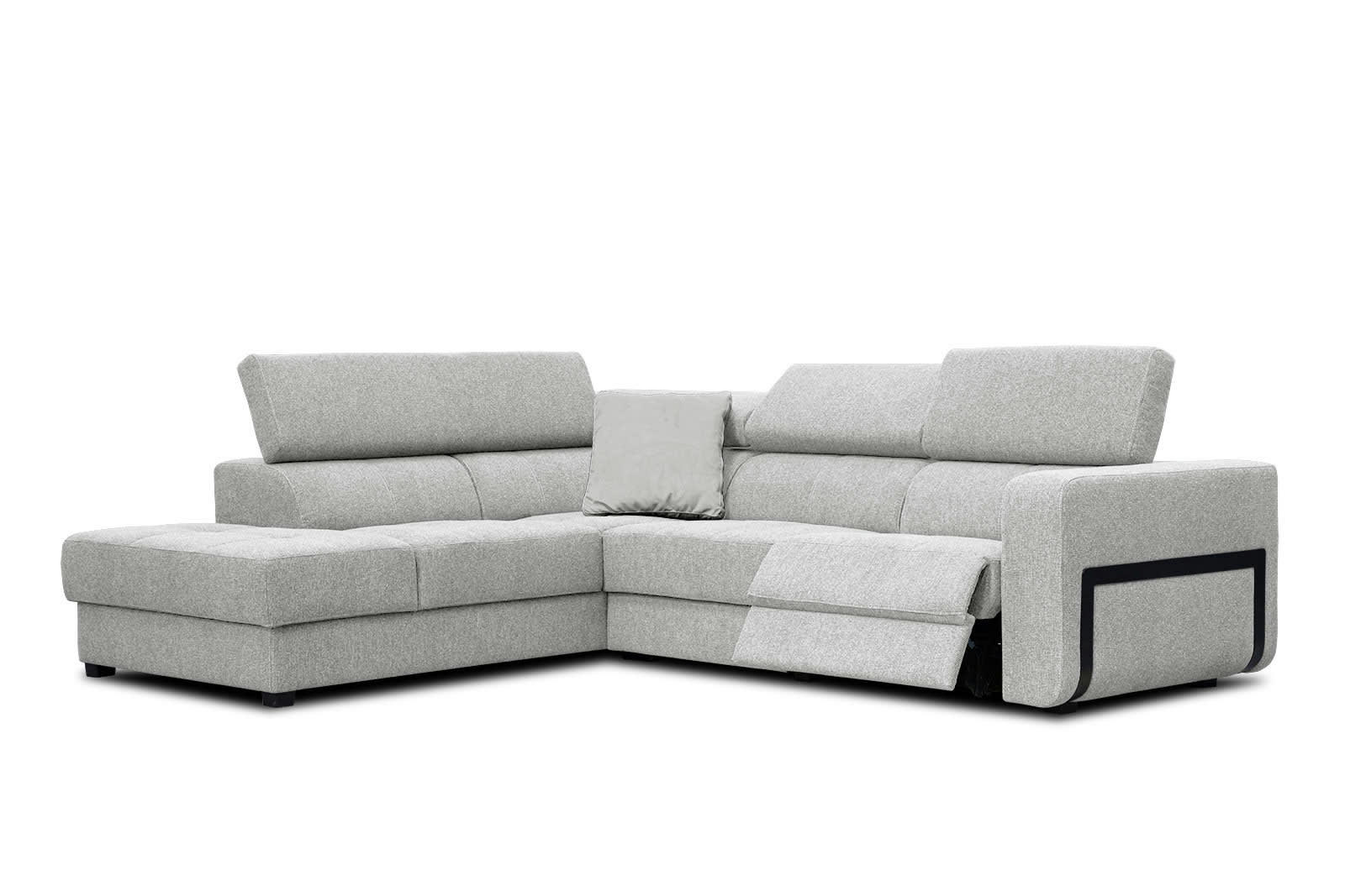 BERGO - Canapé d'angle gauche 5 places avec relax électrique tissu beige clair