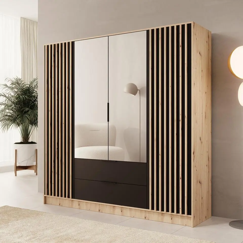 Meubella - Nocturna - Kledingkast 4 deurs - Eiken/Zwart - 200x51x200cm