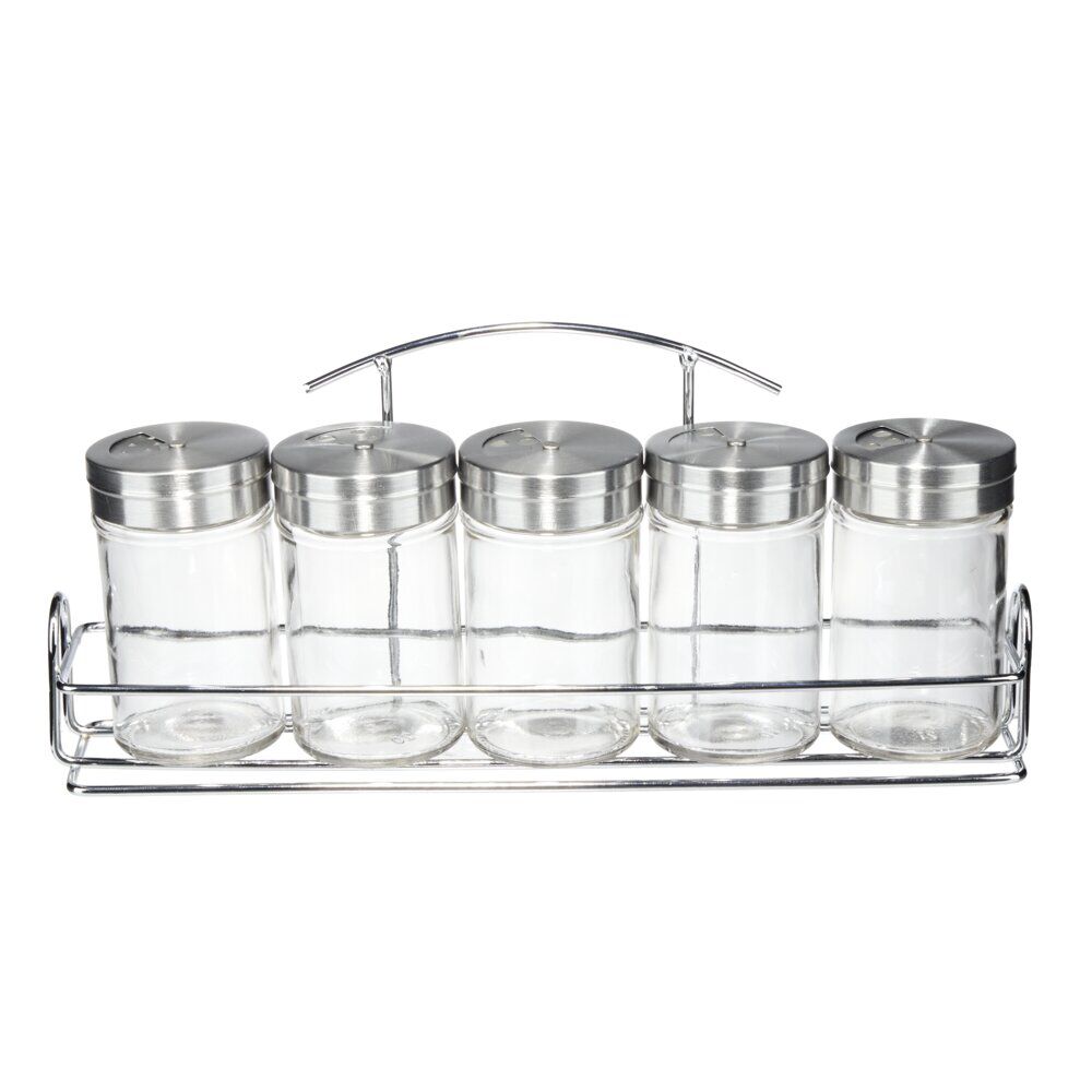 Pot à épices verre couvercle inox x5 avec support métallique 26x5,5xH11,5cm