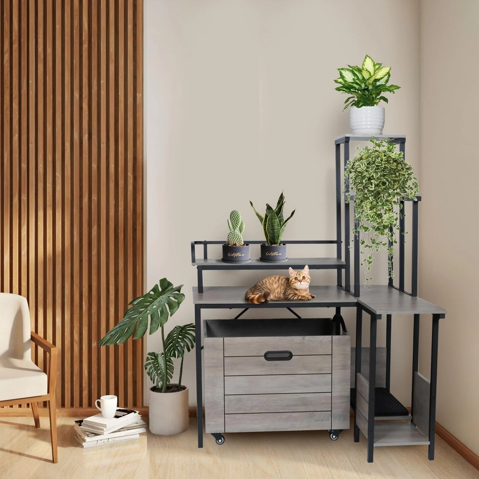 Cat Litter Box Enclosure Furniture with Flower Stand