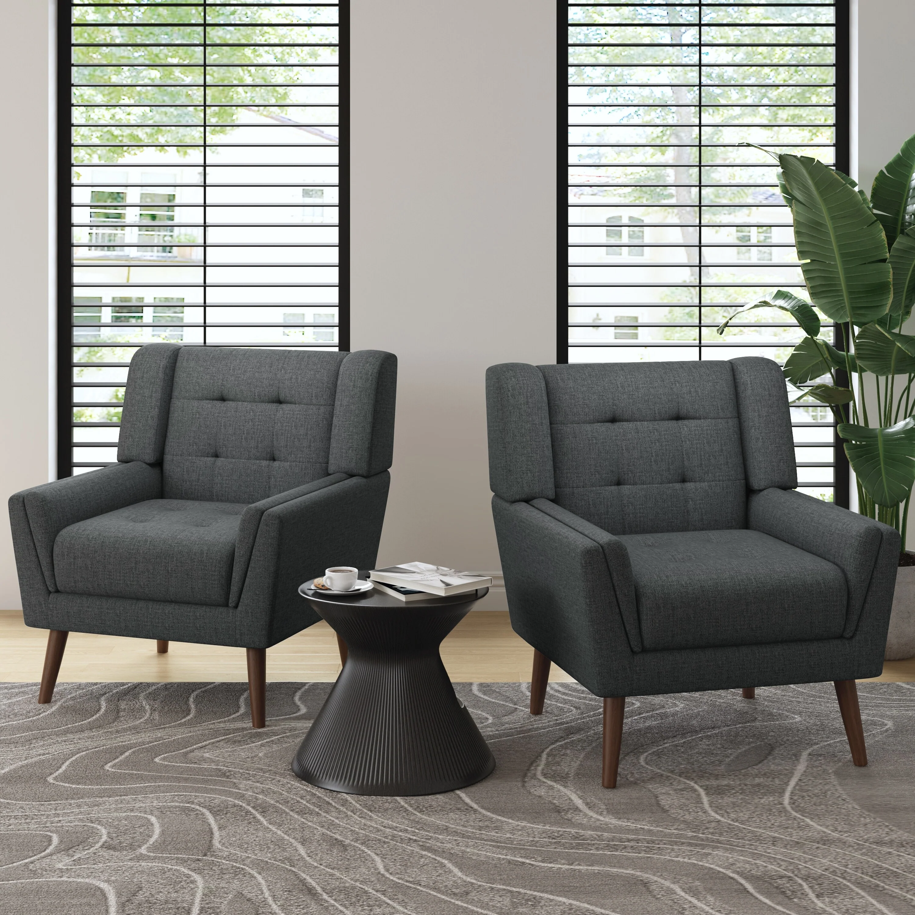 Modern Tufted Accent Chair Linen Armchairs Set of 2