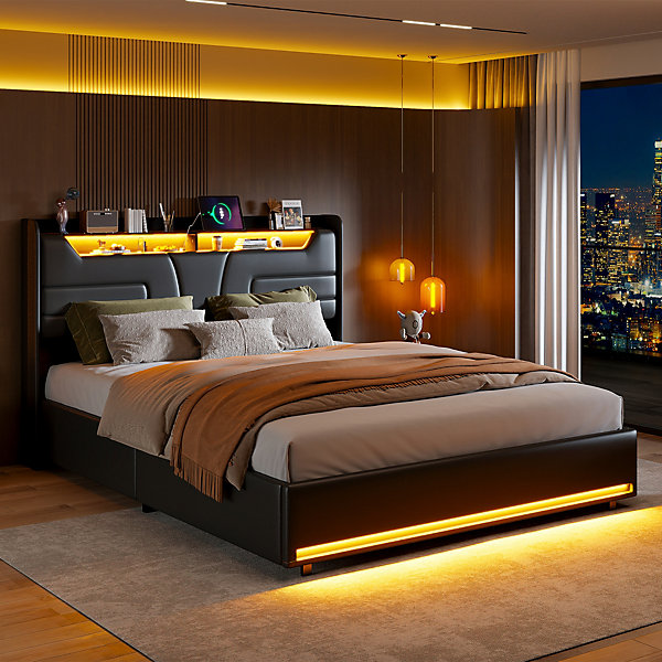 Lit coffre 140x190 cm en PU, lit double avec LED , tête de lit avec rangement et ports de charge intégrés, Noir
