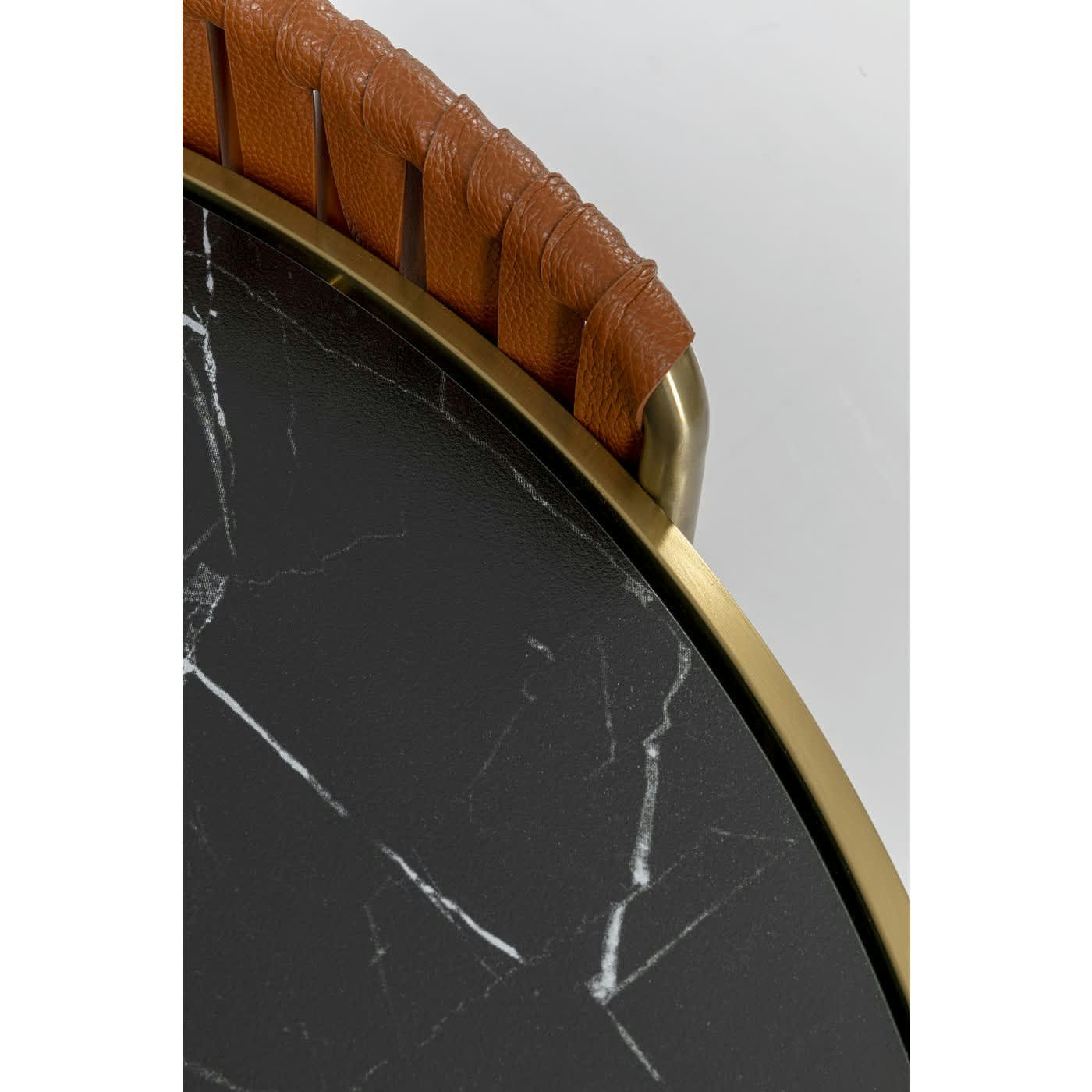 - Table basse ronde en verre effet marbre noir et acier doré