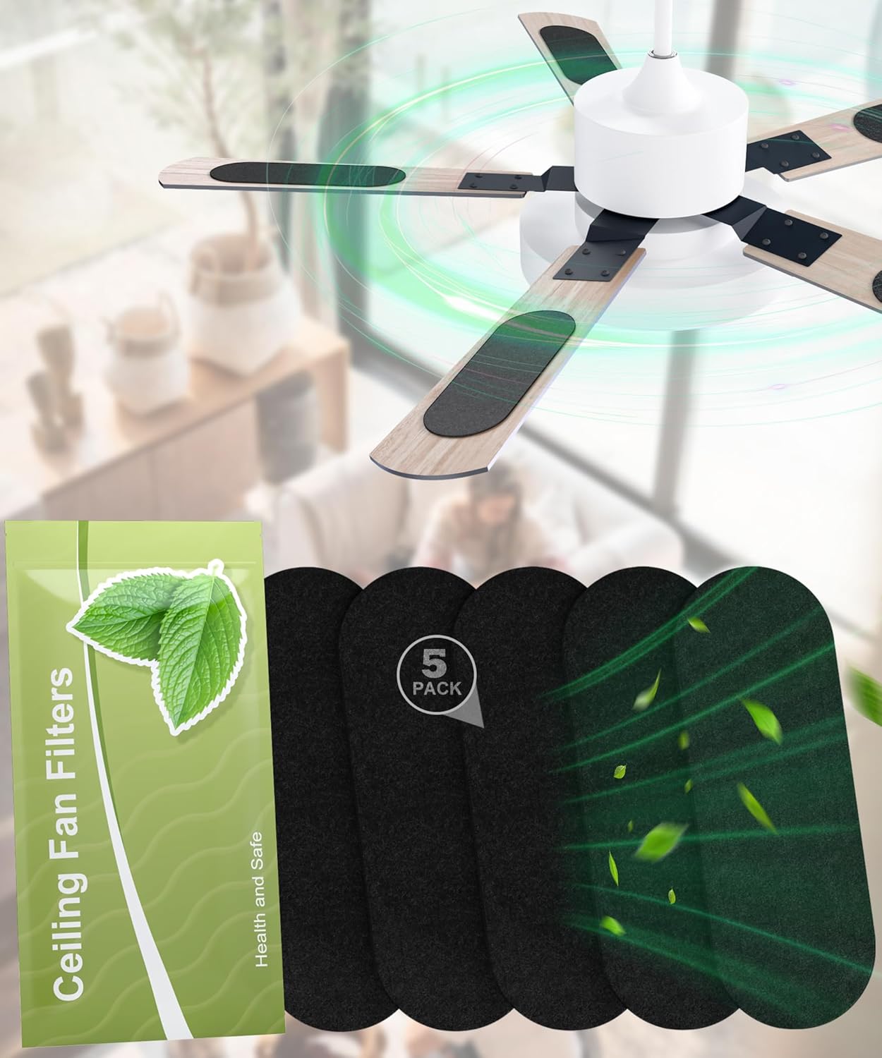 JAYNLT Ceiling Fan Filters for Blades, Activated Carbon Fan Blade Air Purifier Pads Trap Dust & Odors, Easy-Stick Universal Air Purifiers for Common Household Contaminants(5 Pcs)
