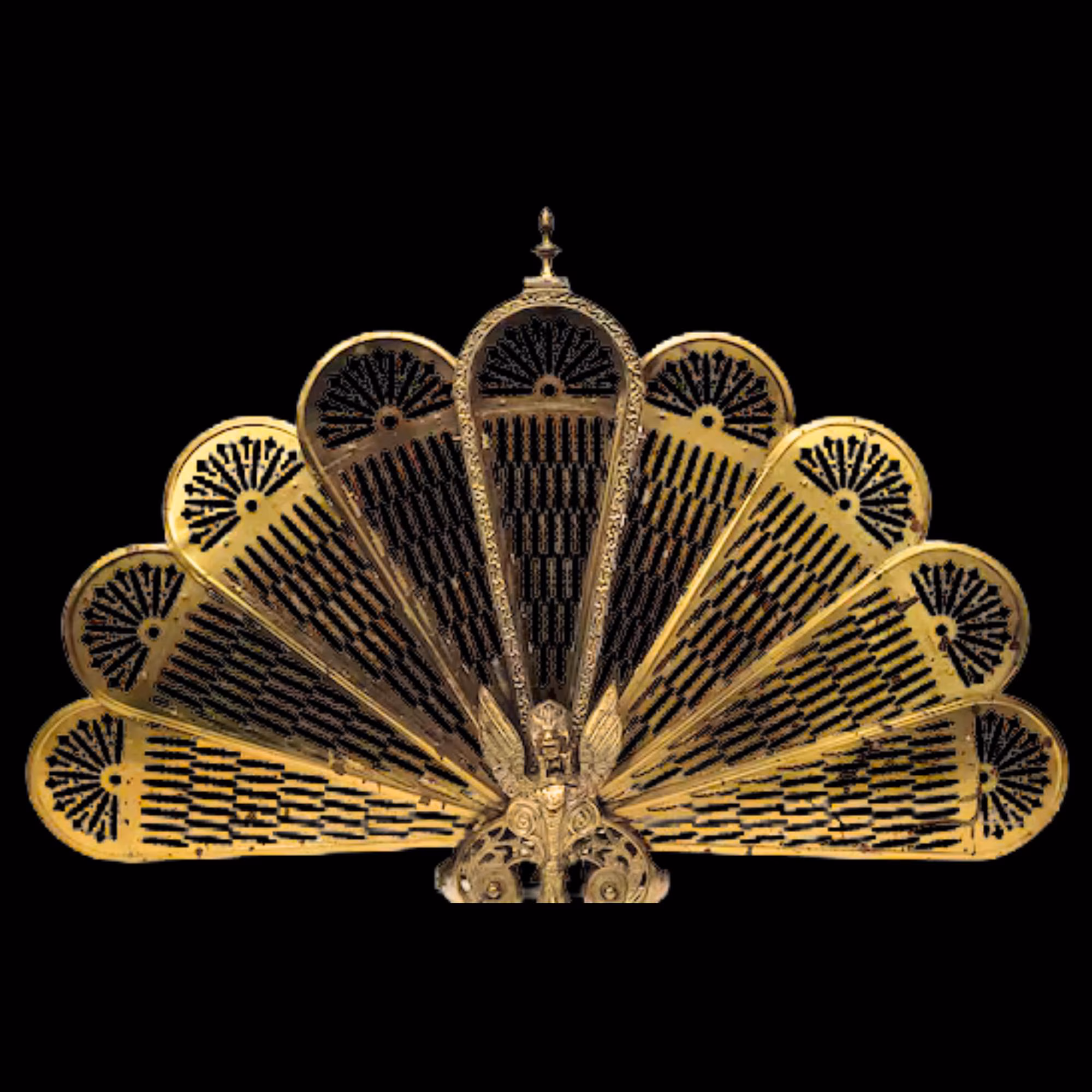 Brass Fireplace Screen Peacock Fan with Winged Dragon Gothic Decor Hollywood Regency