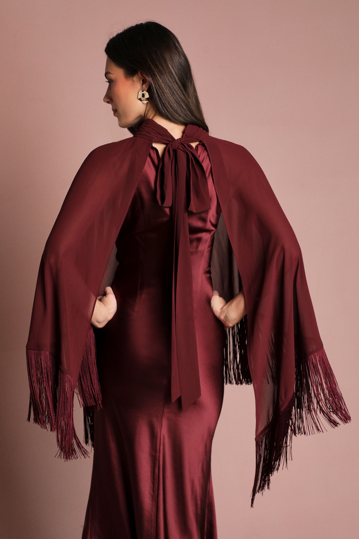 Coast Coast Muse High Neck Cape Detail Crepe Fringe Maxi Dress