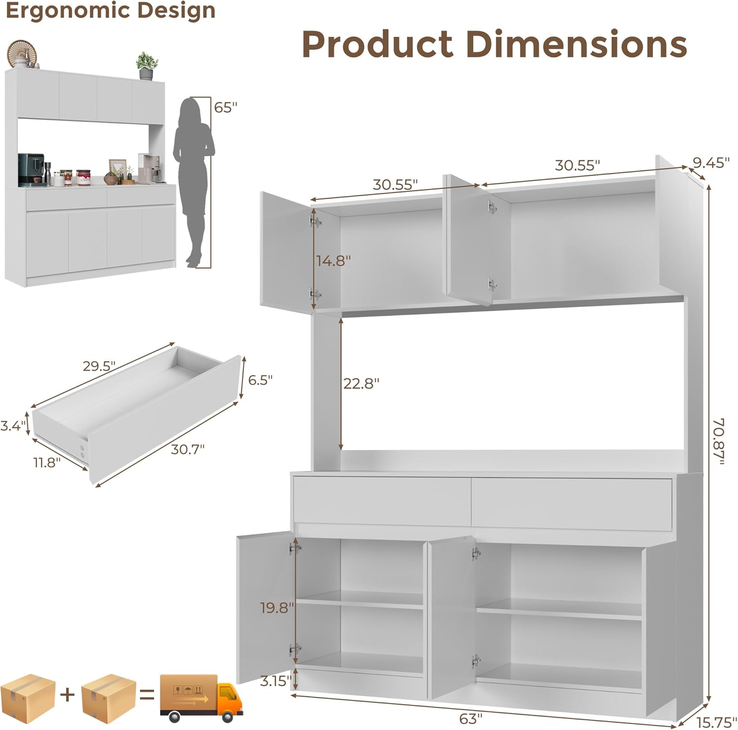 70.87 H Large Kitchen Pantry Storage Cabinet with Microwave Oven Countertop, Freestanding Pantry Cabinet with Drawers for Kitchen, Living Room (White)