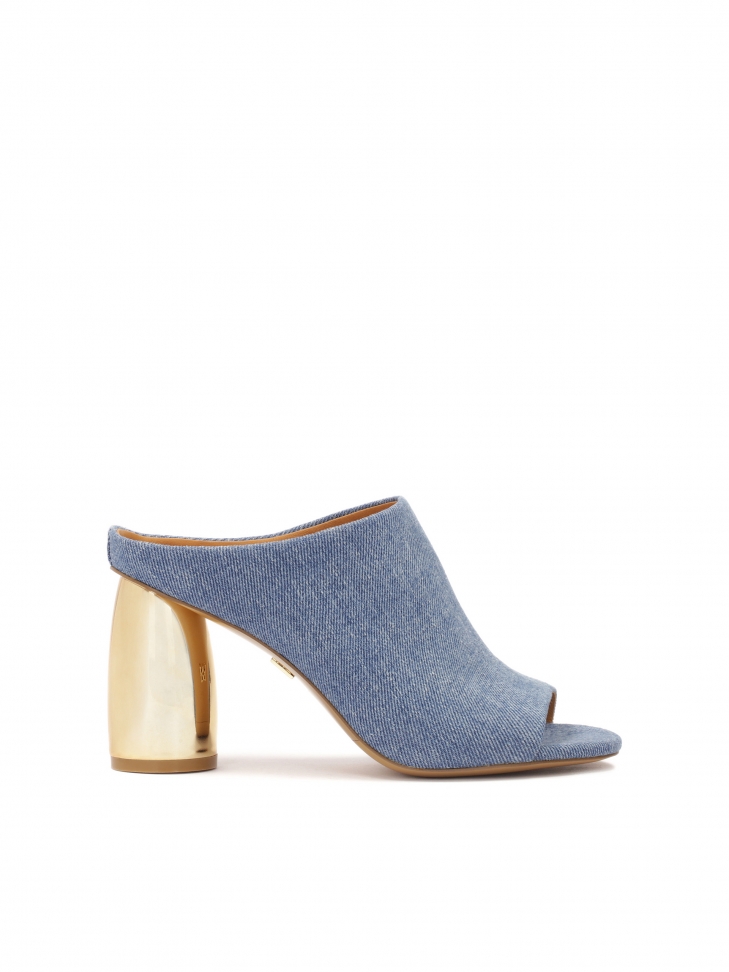 Blue denim mules with gold oval heel