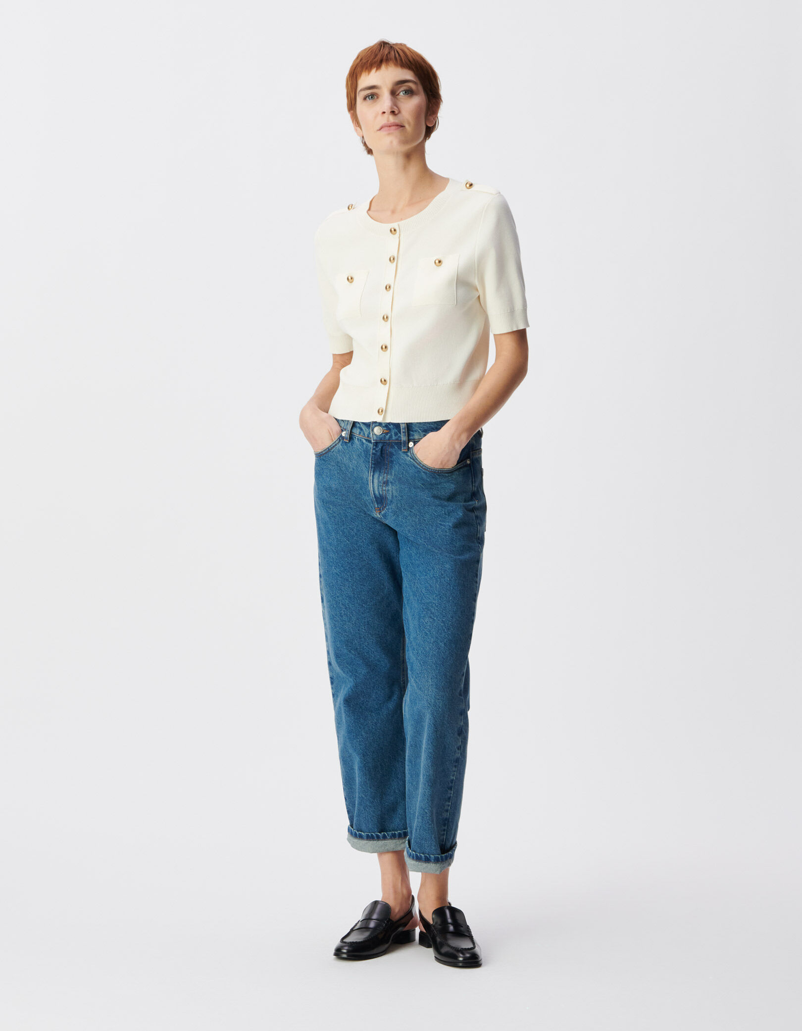 Cardigan manches courtes blanc tricot deux poches Femme