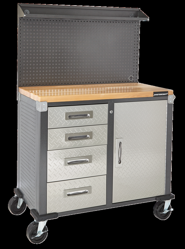 Mastercraft 4 -Drawer, 1-Door Wooden Top Workstation + Cabinet with Pegboard and Wheels, 40 x 20 x 61-in