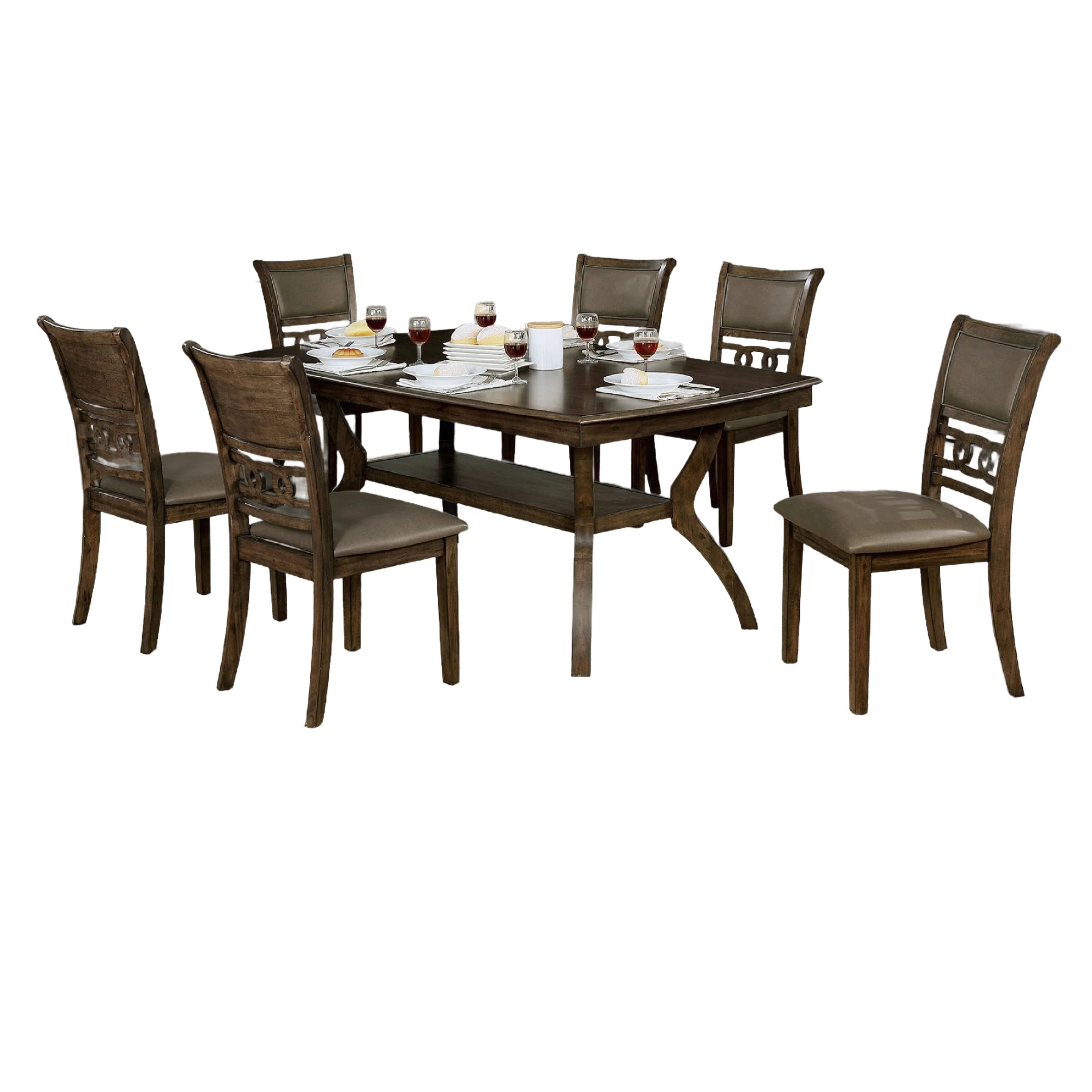 Hally 7pc Dining Table Set, Gray Faux Leather Chairs, Brown Solid Wood