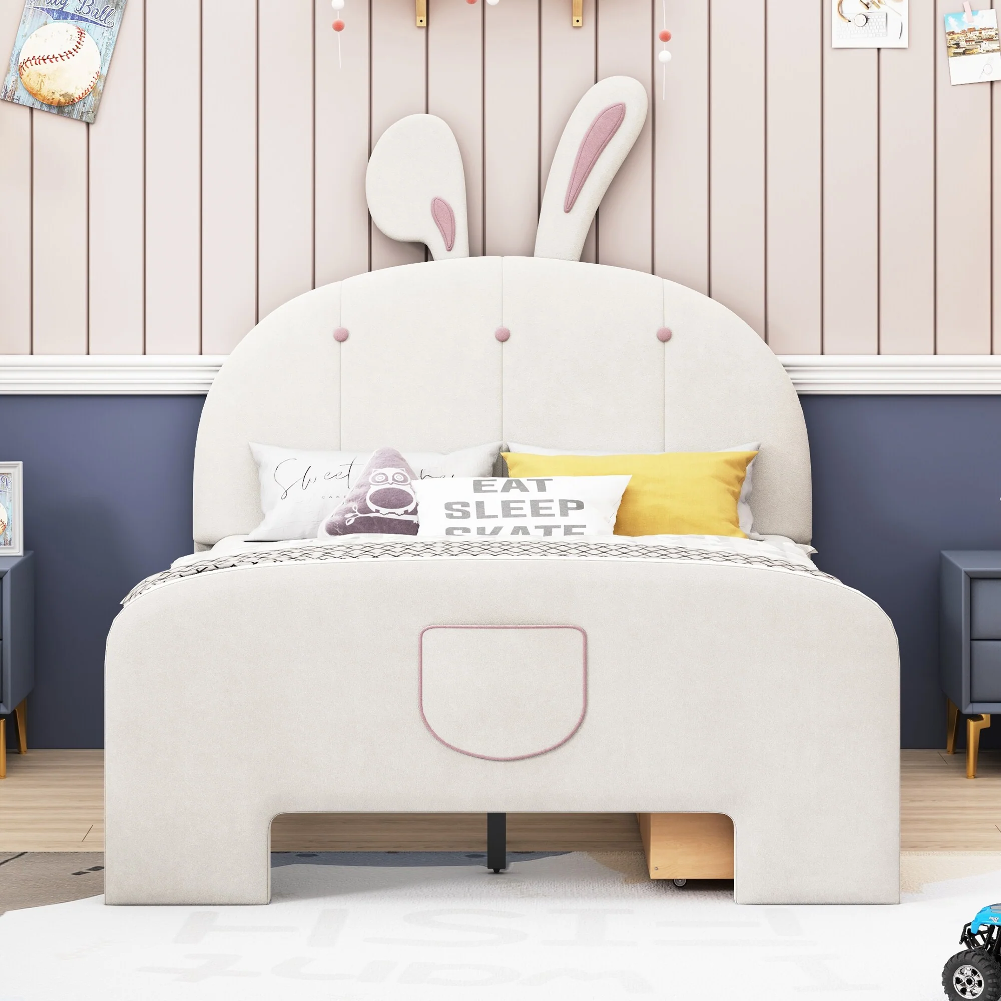 Full Size Rabbit-Shaped Platform Bed with Under-Bed Storage and Pockets