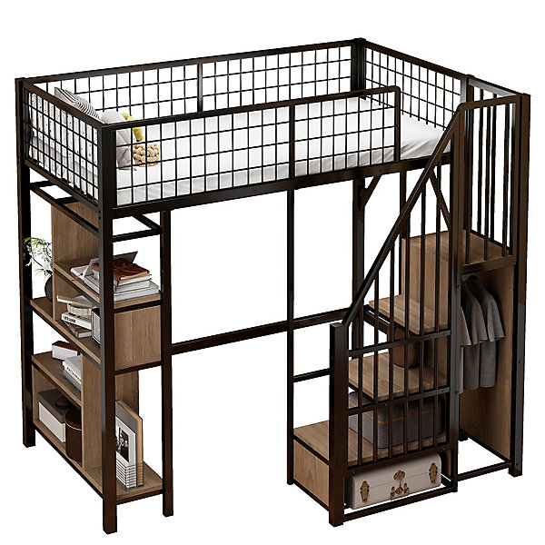 Lit mezzanine multifonctionnel pour adulte et enfant,90x200cm,noir, avec rangement étagères escalier