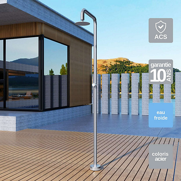 Douche de piscine Pool en Acier Inox 316Moka - Tête D80mm - Corps D42mm- H. 2,36m - Garantie 10 ans - POOLIMEX