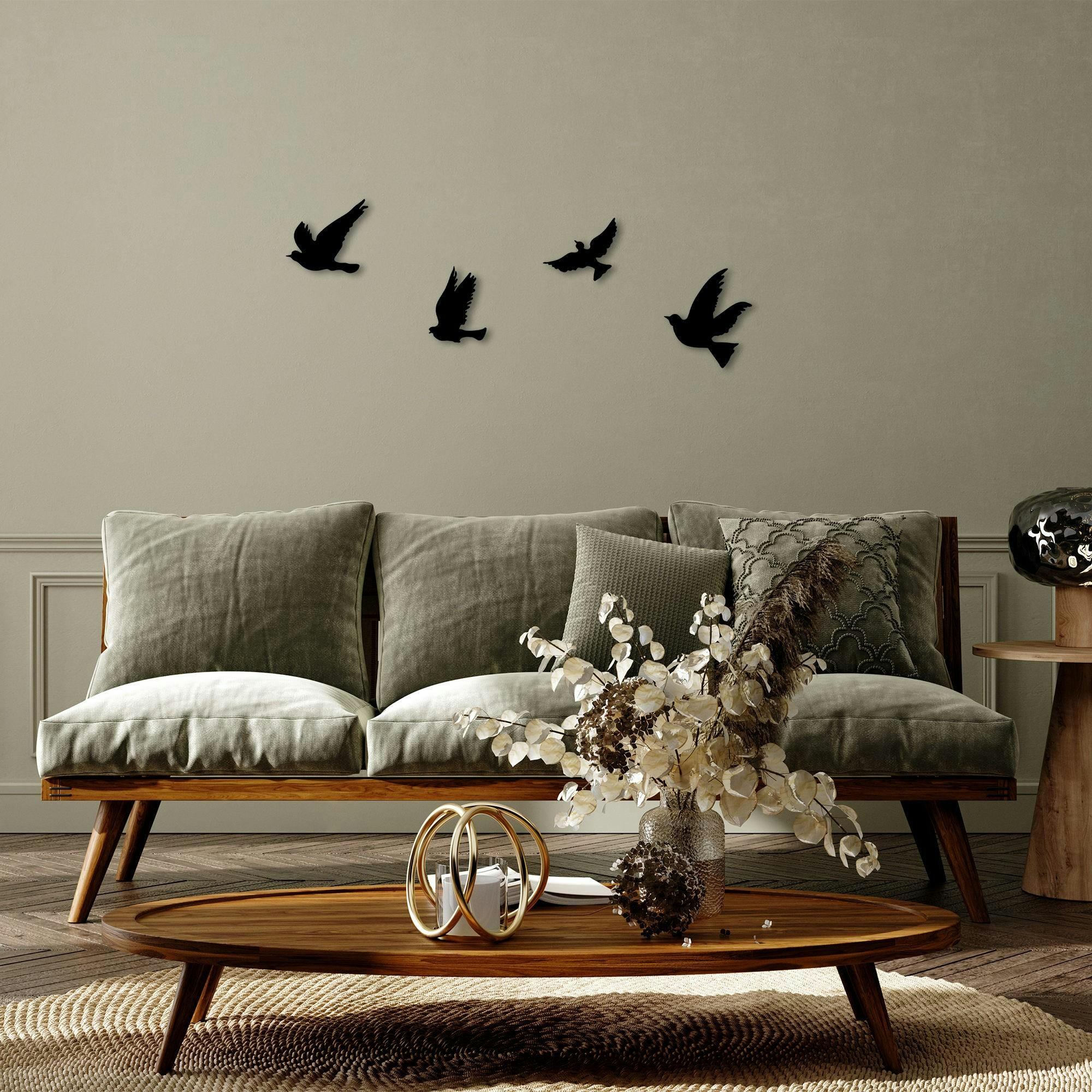 Décoration murale en métal noir – oiseaux en vol (lot de 4)