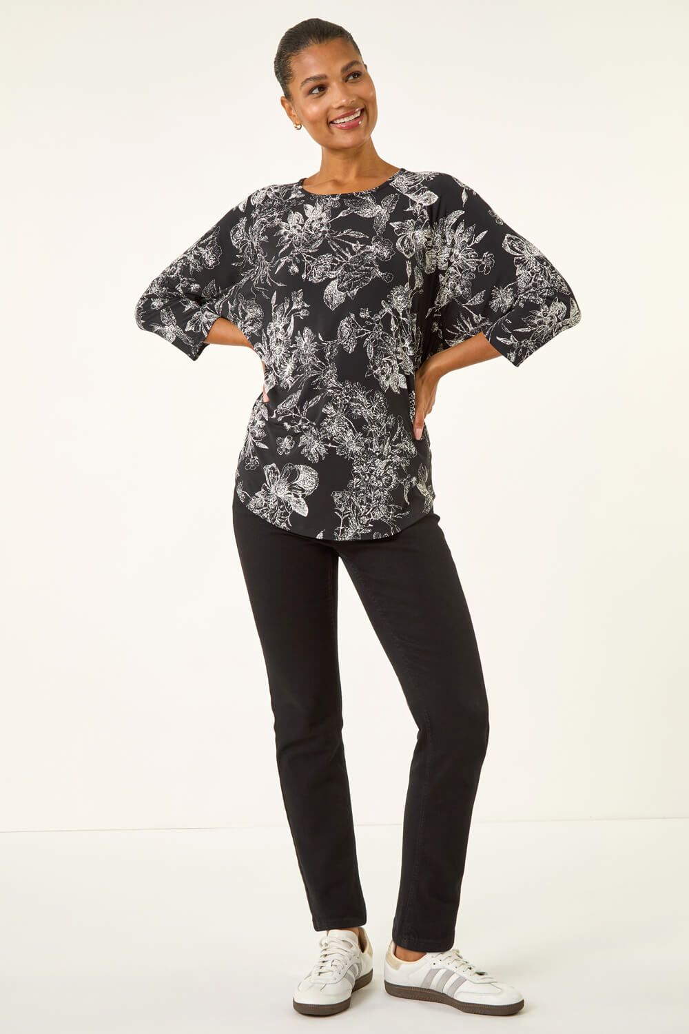 Roman Floral Puff Print Stretch Top