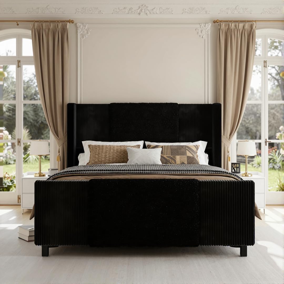 Queen Upholstered Bed Frame with Headboard and Footboard, Boucle and Velvet Bed Frame with LED Lights, Modern Platform Bed Frame, Noiseless, Easy Assembly, Black