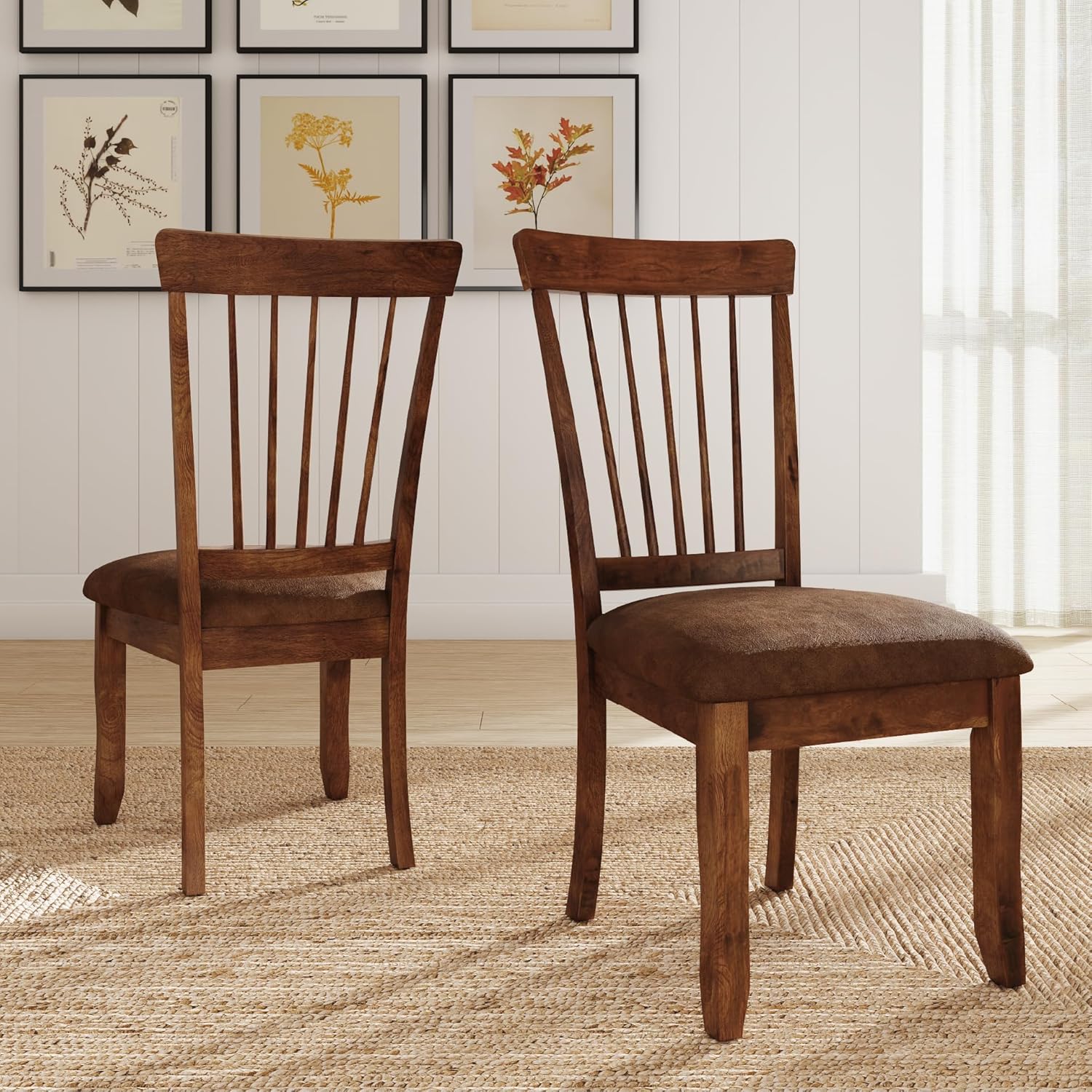 Signature Design by Ashley Berringer | Spindle Back 18 Dining Chairs (Set of 2) – Rustic Light Brown with Upholstered Cushioned Seat