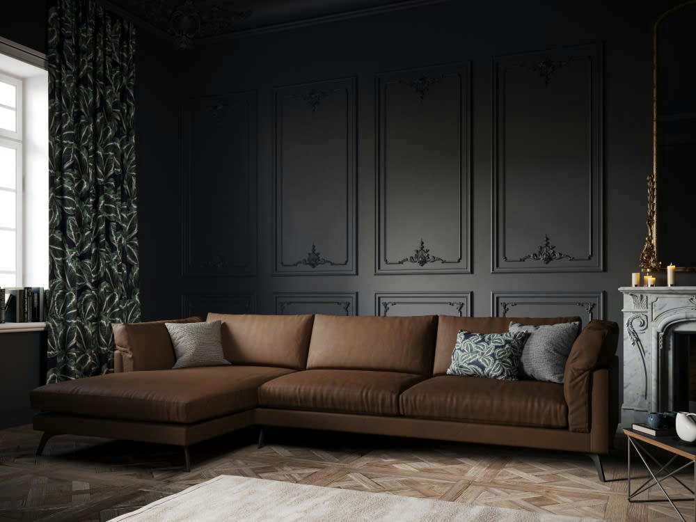 CAMILLE - Canapé d'angle 5 places en cuir marron foncé