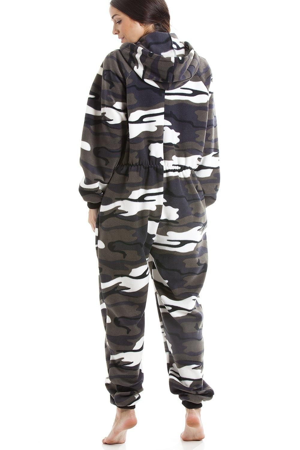 Camille Snow Camouflage Supersoft Fleece Zip Front Hooded Onesie
