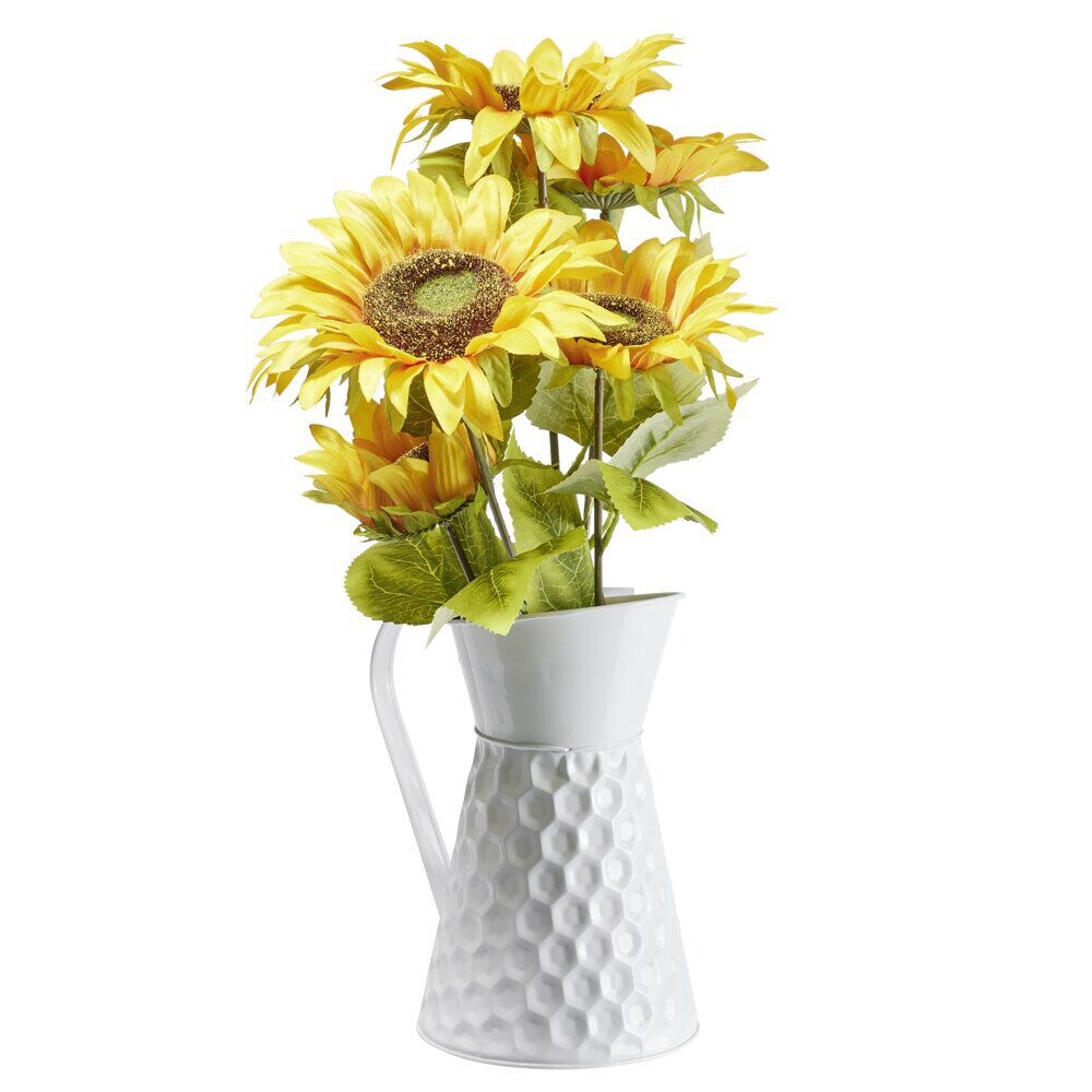 Bouquet de tournesols artificiels dans pichet métal blanc rétro Ø25xH40cm