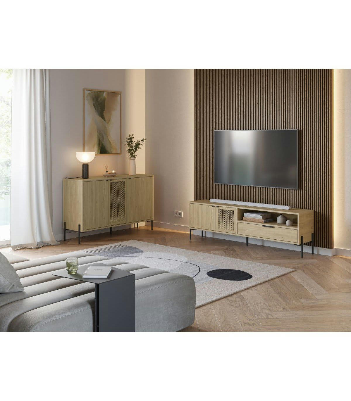 INCA - Buffet 3 portes décor chêne et pieds en méta - L120 cm