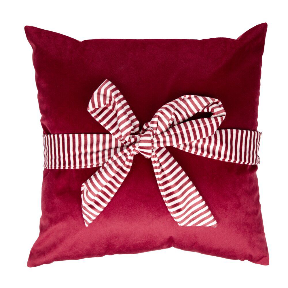 Coussin carré paquet cadeau No&euml;l avec noeud polyester L45X45 cm rouge