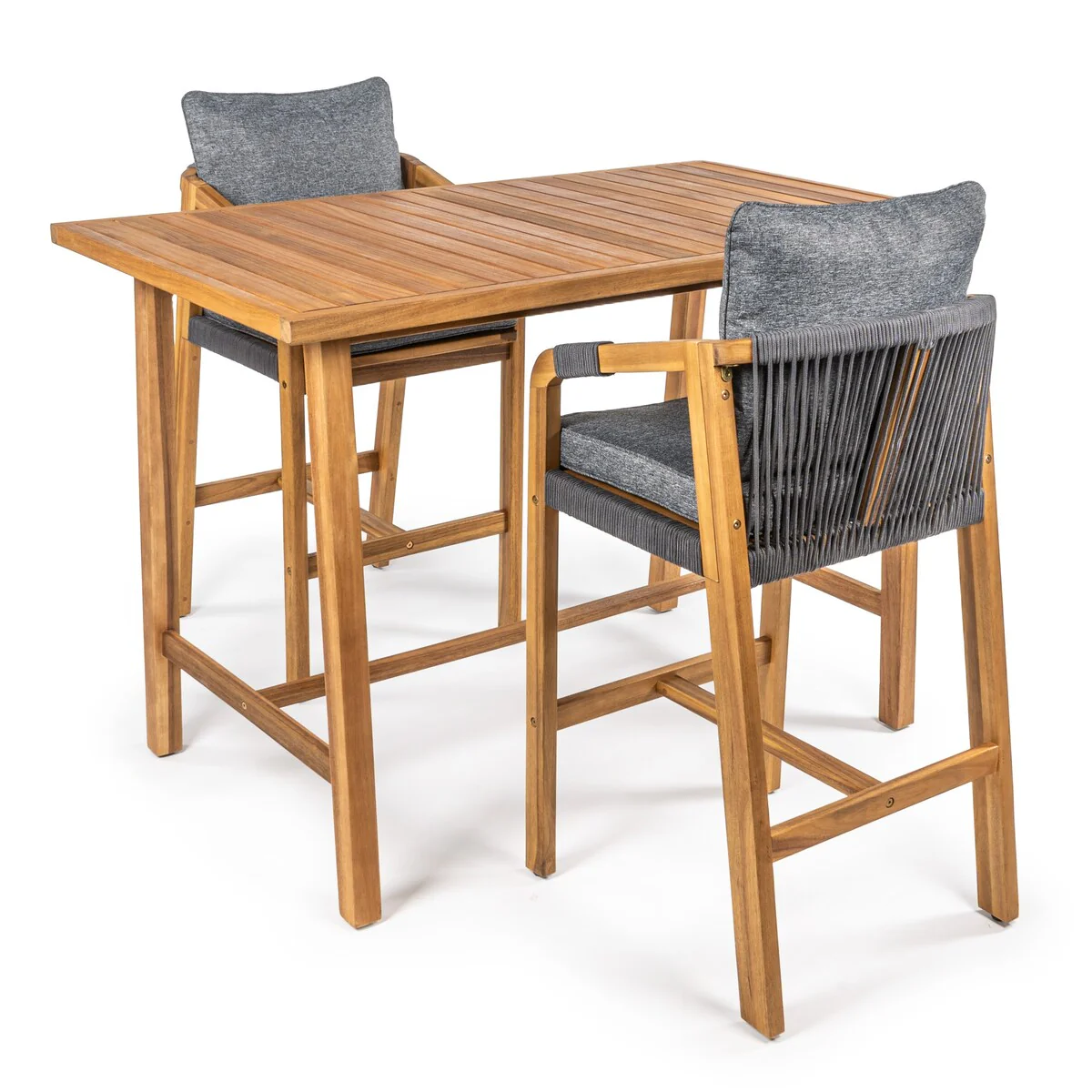 Javea Modern Coastal 3-Piece Acacia Wood Outdoor Bar Set with Cushions, by JONATHAN Y