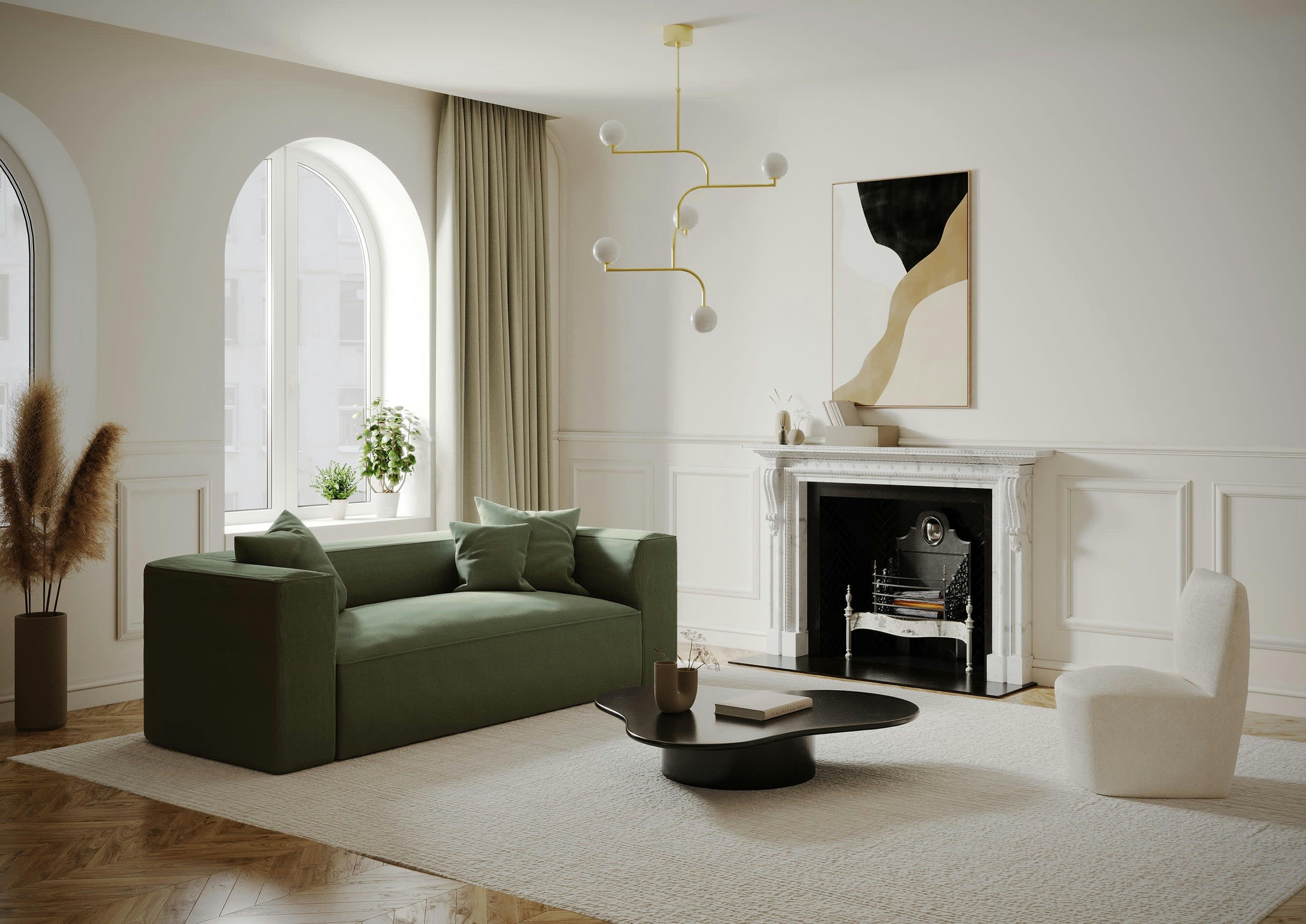 ALMA - Canapé 3 places tissu tramé vert olive